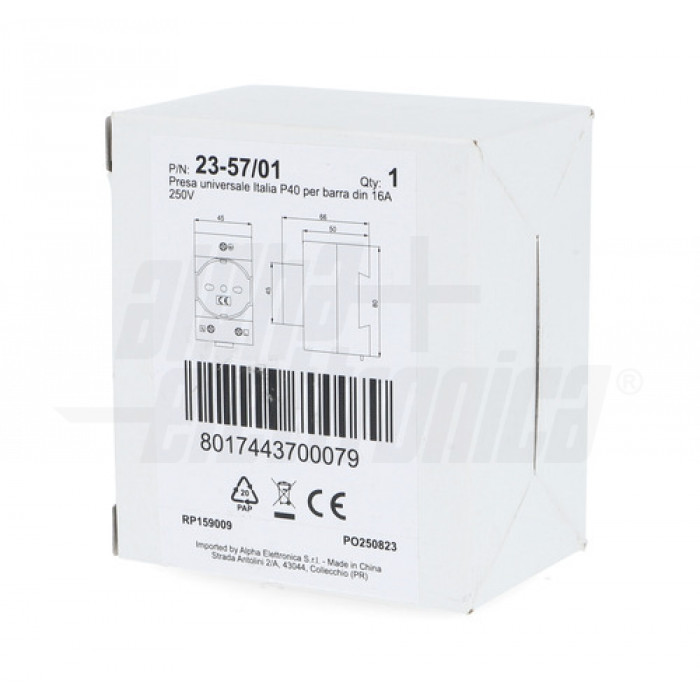 REV Presa Elettrica Da Parete Con Contatto Di Terra, 1 Modulo, IP20, Colore Bianco, 791683, Dimensioni 10.6x10.2x5.8 Cm