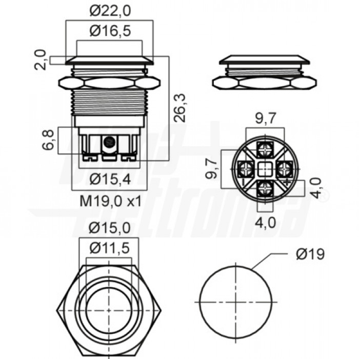 Pulsante Interruttore Momentaneo Antivandalo M19D ATI 19mm Acciaio Inox Cupola Top - Alpinetech