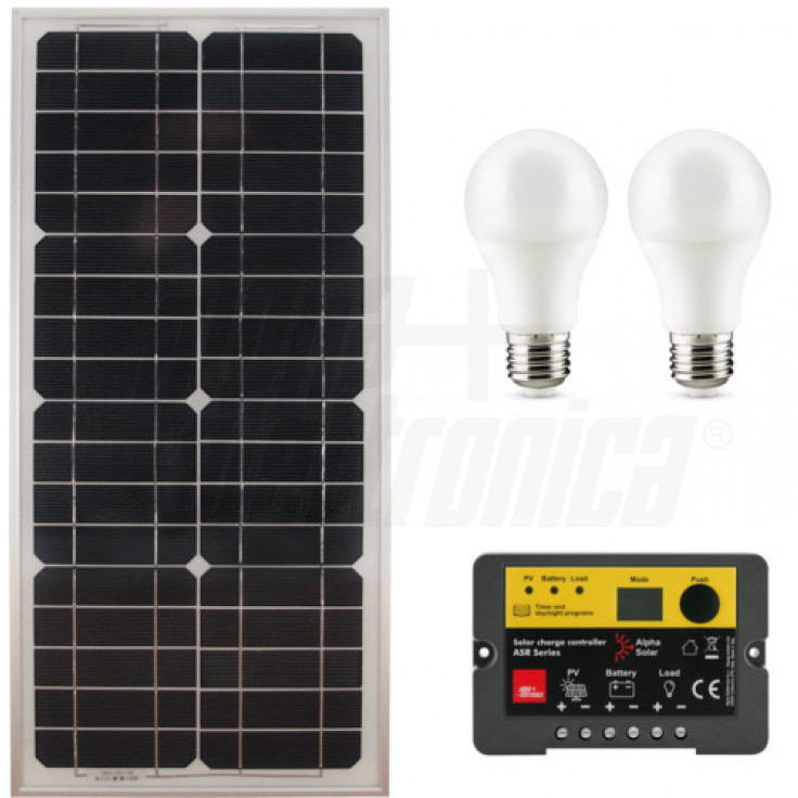 KIT27-SB - Kit fotovoltaico 27W - 12V - con regolatore e lampade led -  Batteria non inclusa - Alpha Elettronica