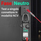 Test a singolo connettore | 98-812 offre la funzione NCV a singolo connettore, che consente di rilevare la presenza di tensione toccando un solo conduttore. Rilevazione rapida e sicura: identifica la fase senza bisogno di contatto diretto con fili scoperti. Segnale visivo e acustico: avvisa immediatamente della presenza di tensione. Ideale per elettricisti e manutentori: perfetto per test veloci su prese, interruttori e circuiti elettrici.