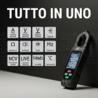  | Compatta e alimentata da due batterie AAA, questa pinza è in grado di misurare tensione continua e alternata, corrente alternata, resistenza, capacità, temperatura, continuità e frequenza, offrendo un unico dispositivo “tutto-in-uno”.